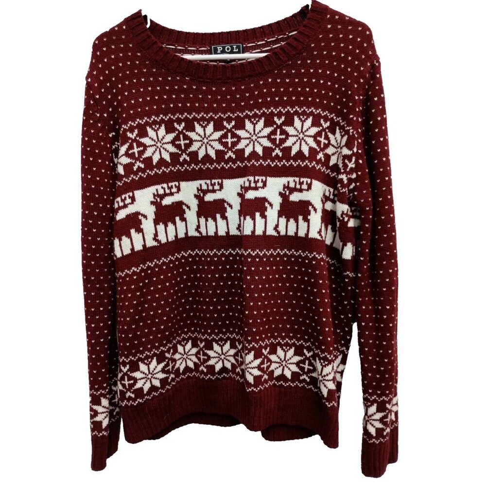 POL Womens‎ Christmas Sweater Size Large Red White Fair Isle Nordic Pullover